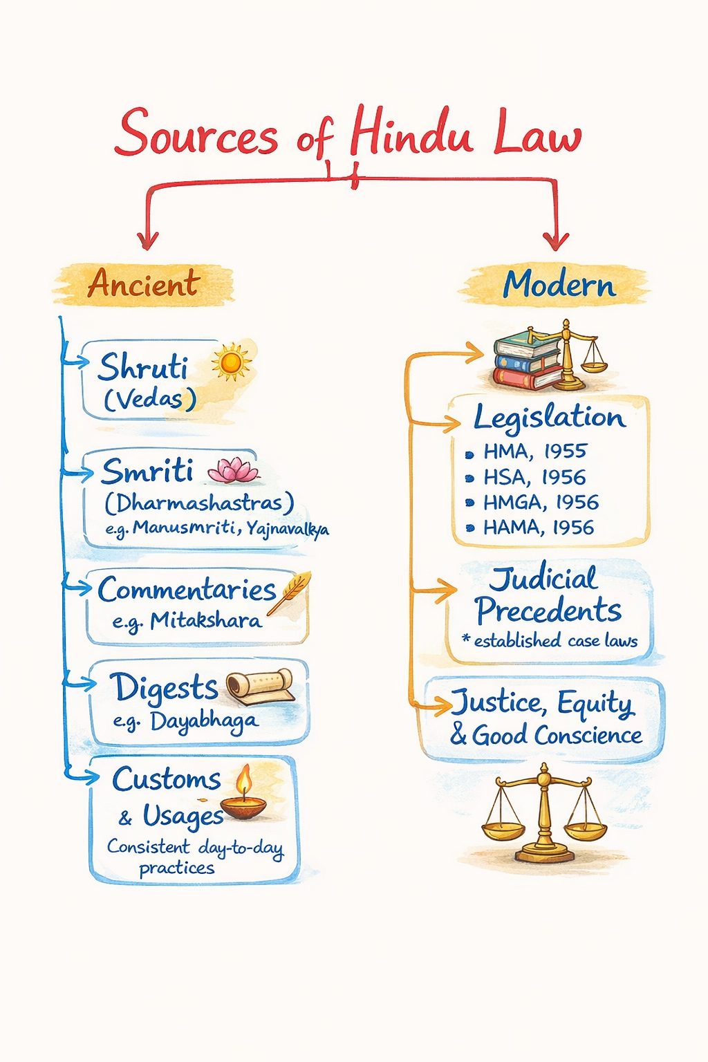 Diagram explaining ancient and modern sources of Hindu Law
